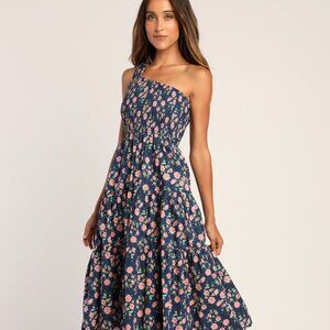 Lulus You Grow Girl Navy Floral Print One-shoulder Midi Dress Blue - Size L